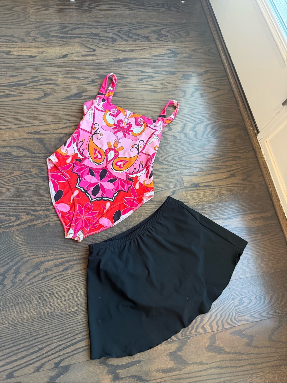 Bright Pink Floral One-Piece Swimsuit with Black Swim Skirt